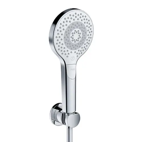 Kludi Duschkopf in Chrom-Finish, oval mit abgerundeten Kanten und mehreren Düsen für Wasserstrahl, montiert an einer Wandhalterung.